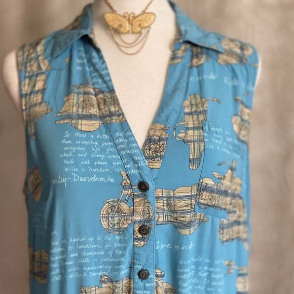 Herley Davidson Blue Motorcycle Print Oversized Shirt Dress Size Biker Boho S - Picture 2 of 8